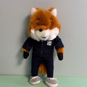 Car Fox Plush in Blue Mechanic Outfit, Advertising Mascot for Car Fax Toy
